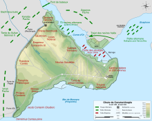 Carte simplifiée d'une ville montrant la disposition des forces lors d'un siège.