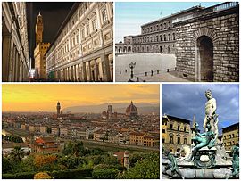 Uffizi (kiri atas), Palazzo Pitti, pamandangan srengéngé lengser lan Fontana del Nettuno ing Piazza della Signoria.