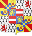 Orange-Nassau-Breda (1530-1544) : écartelé 1 et 4 contre écartelé de Chalon et d'Orange, sur le tout de Genève, 2 et 3 de Bretagne et de Luxembourg, sur le tout de l'écartelé contre écartelé de Nassau et de Vianden.