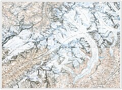 Topographischer Atlas der Schweiz, 1884–1900. Östlich des Aletschgletschers ist der Fieschergletscher zu erkennen, am linken Kartenrand der Kanderfirn.