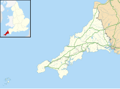 Mapa konturowa Kornwalii, blisko centrum na prawo znajduje się punkt z opisem „Padstow”