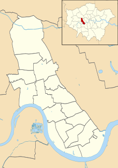 Mapa konturowa gminy Hammersmith and Fulham, blisko centrum na lewo u góry znajduje się punkt z opisem „Television Centre”