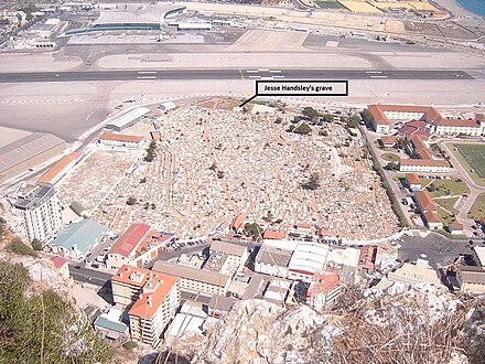 Aerial view of cemetery indicating grave