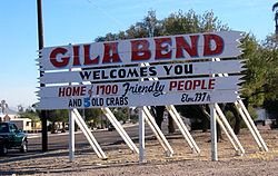 A humorous, numerically outdated sign welcomes people to Gila Bend.