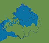 Ладозьке озеро як частина Анцилового озера (між 9300 і 9200 років тому). Зелена лінія — положення південної берегової лінії Ладозького озера під час існування Іольдійового моря.