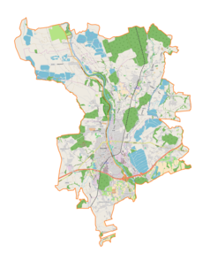 Mapa konturowa gminy Skoczów, w centrum znajduje się punkt z opisem „Skoczów”