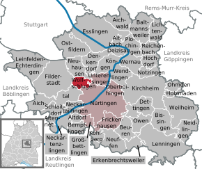 Poziția Wolfschlugen pe harta districtului Esslingen