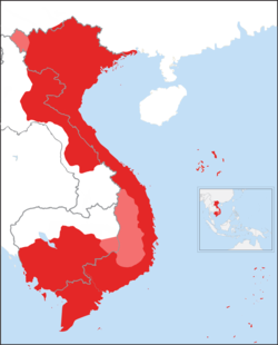 Vietnam at its peak (1834–1841), including territories under Vietnam's direct rule such as Cambodia (dark red) and ones under Vietnam's sphere of influence (light red).