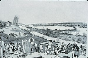 Wide river with pontoon bridge in background, and civilians and soldiers picking up palisades and wood in foreground.