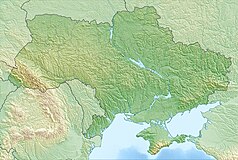Mapa konturowa Ukrainy, po prawej nieco na dole znajduje się punkt z opisem „miejsce bitwy”