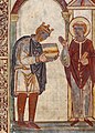 Image 14Frontispiece of Bede's Life of St Cuthbert, showing King Æthelstan presenting a copy of the book to the saint himself. c. 930 (from History of England)