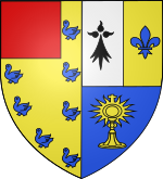 Blason de la commune de La Garnache: Parti: au premier d'or aux sept merlettes d'azur ordonnées en orle, au franc-quartier de gueules, au second coupé au I parti d'argent à la moucheture d'hermine de sable et d'or à la fleur de lys d'azur, et au II d'azur à l'ostensoir d'or