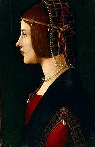 Portrait peint de profil d'une femme tournée vers la gauche richement vêtue