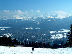 Zakopane sett frå Gubałówka (Tatrafjella i bakgrunnen)