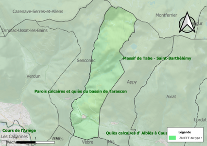 Carte des ZNIEFF de type 1 sur la commune.