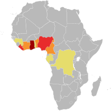 A map of Africa, with shading predominantly in southern West Africa.