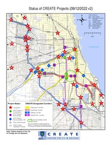 Map of the Chicagoland area with many CREATE projects complete, in progress, or not yet started map