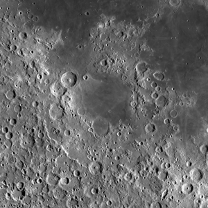 Basin of Mare Nectaris (LRO image mosaic). Rupes Altai is a thin bright streak in the lower left