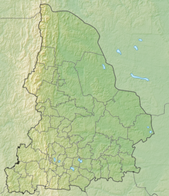 Mapa konturowa obwodu swierdłowskiego, blisko centrum na dole znajduje się punkt z opisem „źródło”, natomiast na dole po prawej znajduje się punkt z opisem „ujście”