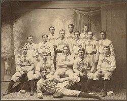 Team photo; Cy Young third from left in middle row, Jimmy Collins seated center of front row