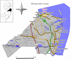 Location of Hazlet in Monmouth County highlighted in yellow (right). Inset map: Location of Monmouth County in New Jersey highlighted in black (left).