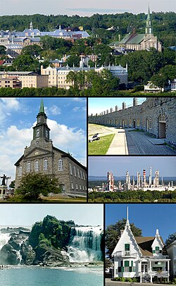 From top, left to right: View of Lévis, Notre-Dame-de-la-Victoire Church, Lévis Forts National Historic Site, Ultramar's Jean-Gaulin Refinery, Chaudière Falls, home of Alphonse Desjardins