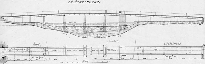 "Nya Liljeholmsbron" sektion och plan, 1928.