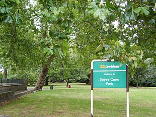 A park with a sign saying Sayes Court Park