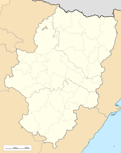 Mapa konturowa Aragonii, po prawej nieco u góry znajduje się punkt z opisem „Monzón”