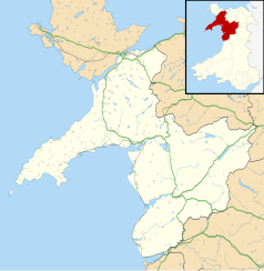 Mapa konturowa Gwynedd, blisko centrum na prawo znajduje się punkt z opisem „Blaenau Ffestiniog”