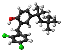 Ball-and-stick model of the clofoctol molecule