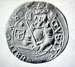 Svenskt silvermynt, 1/4 gyllen, präglad i Hedemora eller Söderköping 1522 med Gustav Vasas porträtt. Omskriften (här delvis otydlig) lyder Gustaf Ericsen G(ubernator) R(egni) S(ueciæ).