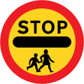 Stop, children crossing ahead (This sign can only be displayed by a person at a patrolled crossing).