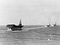 USS Wright, HMS Illustrious (R87) and HMS Eagle (R05) underway in the North Sea in September 1952