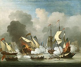 A seafight between oared ships and a sailed ship