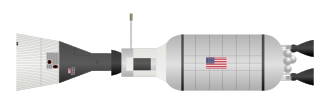 Drawing of a spacecraft and a rocket stage docked together