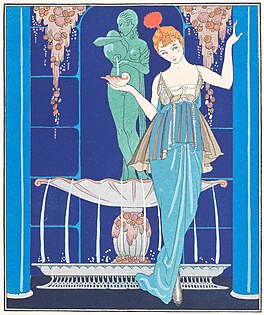 Ilustração de Georges Barbier de um vestido de Paquin (1914). Desenhos florais estilizados e cores brilhantes eram uma característica do início da Art Deco.