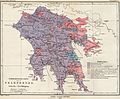 Petha étnografis Jermané wewengkon Peloponnese, 1890. Wewengkon kang nyaturkaé basa Albania awarna abang.