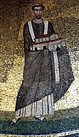 Papež Honorij I. (umrl 638), mozaik v Sant'Agnese fuori le Mura v Rimu, nosi model cerkve, ki jo je zgradil.