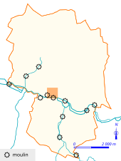 Carte en couleurs matérialisant l'emplacement d'anciens moulins sur le cours de rivières.