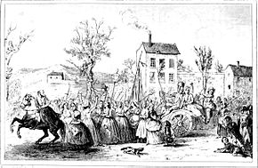 An illustration of marchers passing by cheering crowds