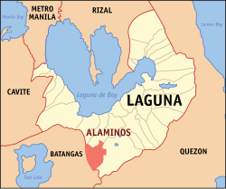 Mapa ng Laguna na nagpapakita ng lokasyon ng Alaminos.