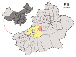 龟兹国在现代新疆内的地理位置，粉色标注的地区为龟兹，黄色为阿克苏地区