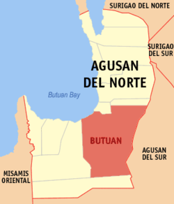 Mapa ng Agusan del Norte na ipinapakita ang lokasyon ng Lungsod ng Butuan.