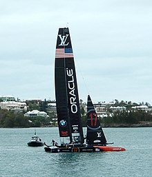 Vue de profil d'un voilier allant vers la droite, une vedette à moteur arrivant de face sur son arrière.