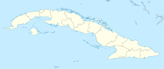 Mapa konturowa Kuby, u góry po lewej znajduje się punkt z opisem „Muzeum Narodowe Sztuk Pięknych w Hawanie”