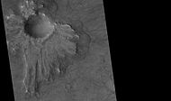 Pedestal crater, as seen by HiRISE under HiWish program The ejecta is not symmetrical around crater because the asteroid came at a low angle out of the northeast. The ejecta protected the underlying material from erosion; hence the crater looks elevated. The location is Casius quadrangle.