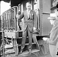 Democratic presidential nominee James M. Cox makes a whistle-stop appearance during his 1920 presidential campaign