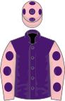 Purple, pink sleeves, purple spots, pink cap, purple spots