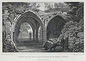 Gravure du dix-neuvième siècle montrant des arches ogivales d'un bâtiment partiellement ruiné.